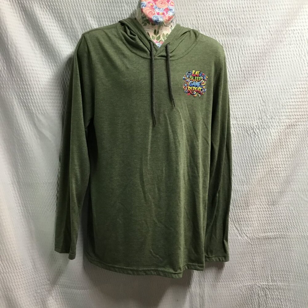Green “Eat Sleep Game Repeat” Hooded Long-Sleeve Shirt – Anvil Size Small